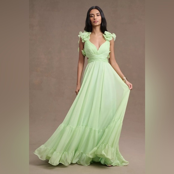 NEW Mac Duggal Indy Ruffle Tiered Cutout Chiffon Gown Mint Green Maxi Dress 4 - Picture 2 of 15